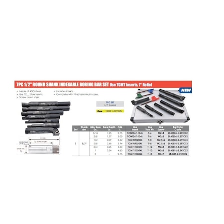 H & H Industrial Products 7 Piece 1/2" Round Shank Indexable Boring Bar Set 1001-0705